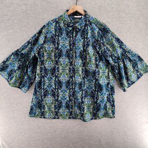 Susan Graver Top Womens Size XL Green Blue Paisley Smock Tunic Flared Sleeve 3/4